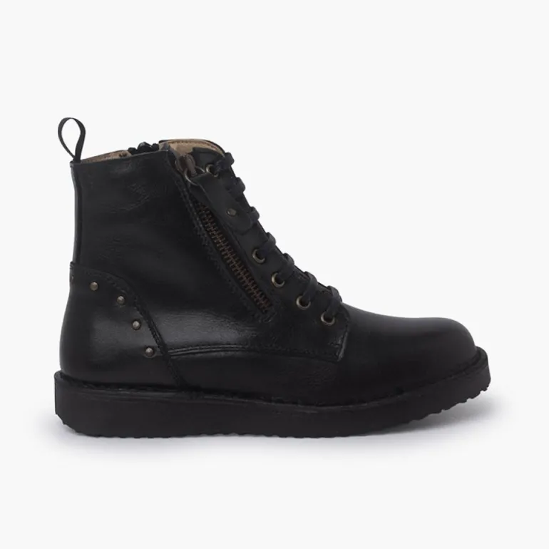 Menina Pisamonas Botas Pele E Tachas Com Duplo Fecho De Correr