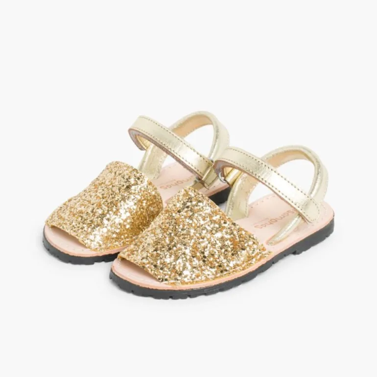 Menina Pisamonas Sandálias Menorquinas Glitter Com Tiras Aderentes