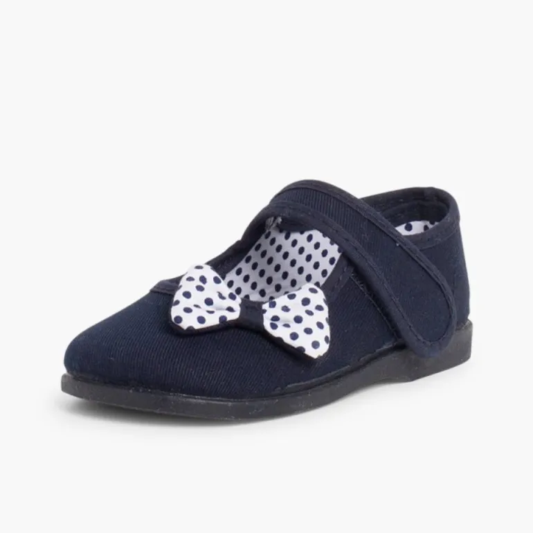 Menina Pisamonas Sapatos Merceditas De Lona Tiras Aderentes Laco Bolinhas