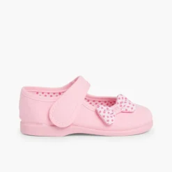 Menina Pisamonas Sapatos Merceditas De Lona Tiras Aderentes Laco Bolinhas