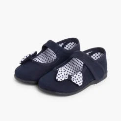 Menina Pisamonas Sapatos Merceditas De Lona Tiras Aderentes Laco Bolinhas