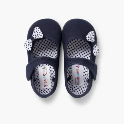 Menina Pisamonas Sapatos Merceditas De Lona Tiras Aderentes Laco Bolinhas