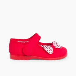 Menina Pisamonas Sapatos Merceditas De Lona Tiras Aderentes Laco Bolinhas