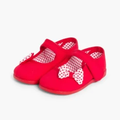 Menina Pisamonas Sapatos Merceditas De Lona Tiras Aderentes Laco Bolinhas