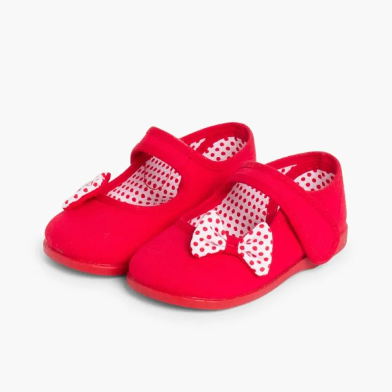 Menina Pisamonas Sapatos Merceditas De Lona Tiras Aderentes Laco Bolinhas