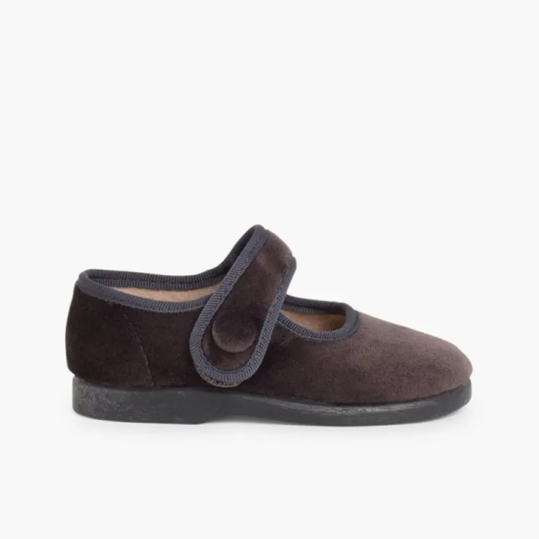 Menina Pisamonas Sapatos Merceditas De Veludo Com Botao Tiras Aderentes