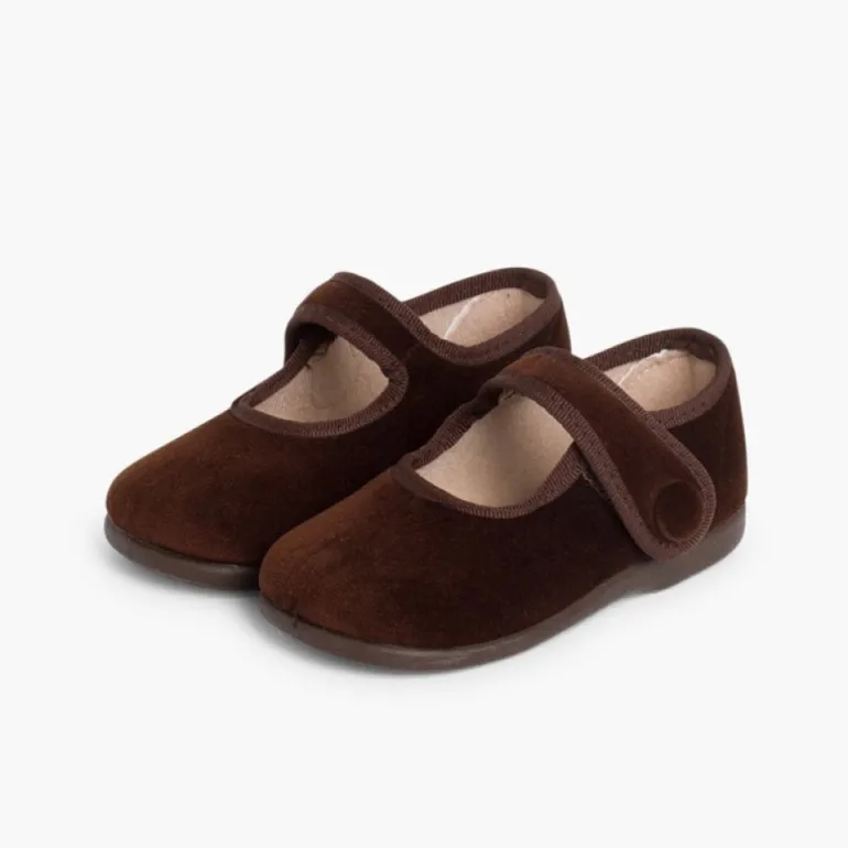 Menina Pisamonas Sapatos Merceditas De Veludo Com Botao Tiras Aderentes