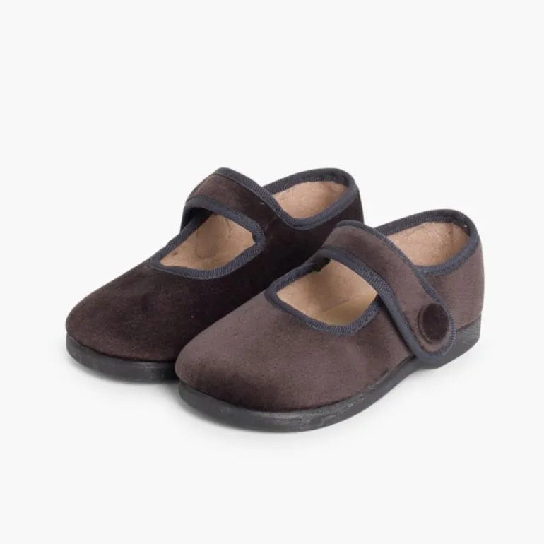 Menina Pisamonas Sapatos Merceditas De Veludo Com Botao Tiras Aderentes