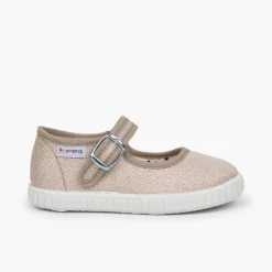 Menina Pisamonas Sapatos Merceditas Fivela Lona Com Brilhos