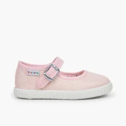 Menina Pisamonas Sapatos Merceditas Fivela Lona Com Brilhos