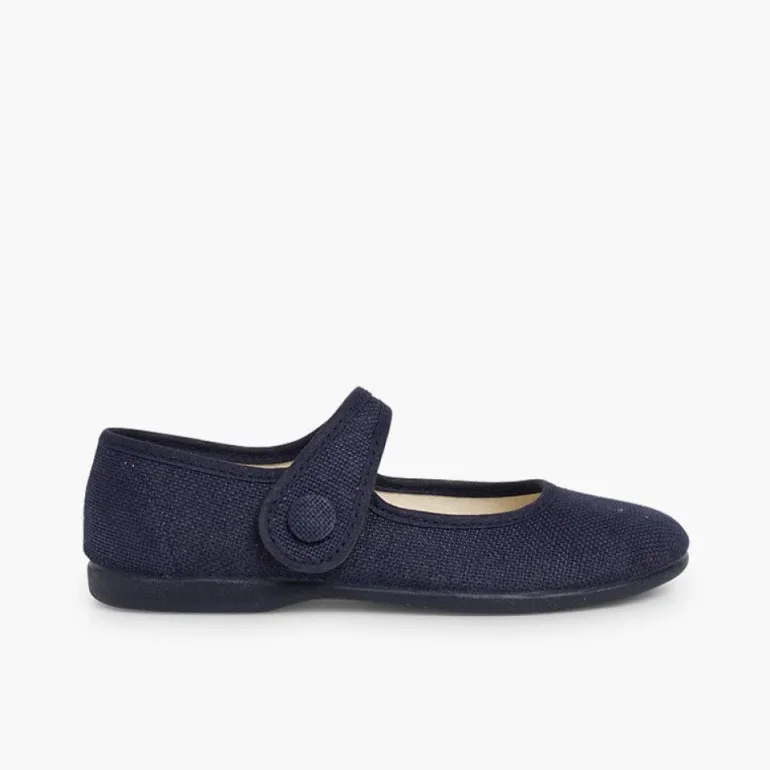 Menina Pisamonas Sapatos Merceditas Linho Tiras Aderentes Botao