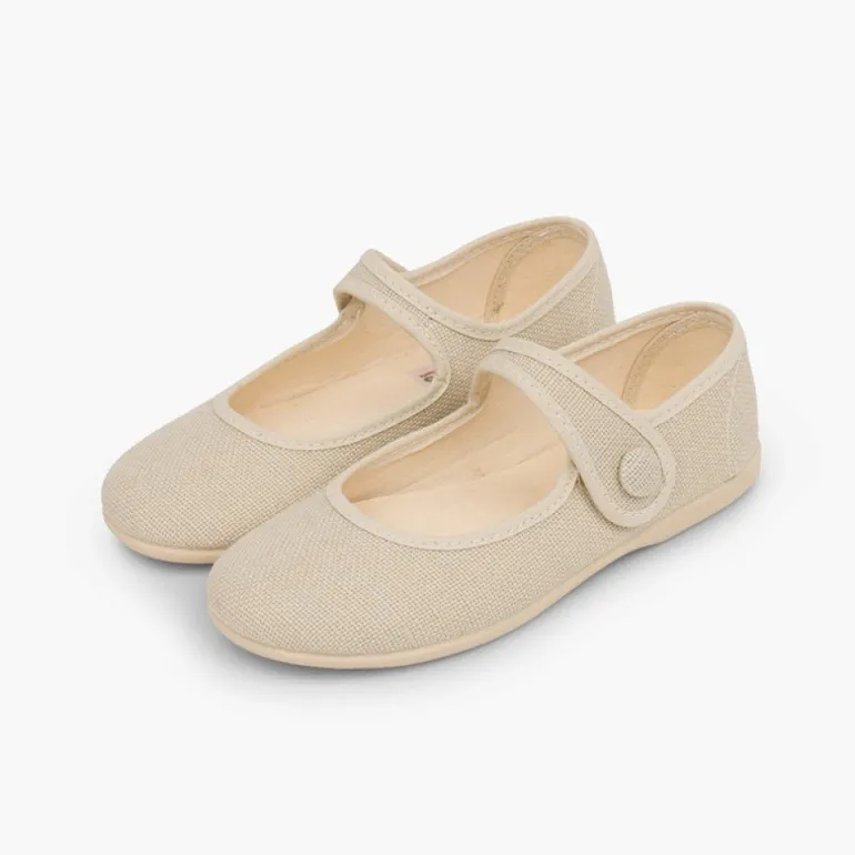 Menina Pisamonas Sapatos Merceditas Linho Tiras Aderentes Botao