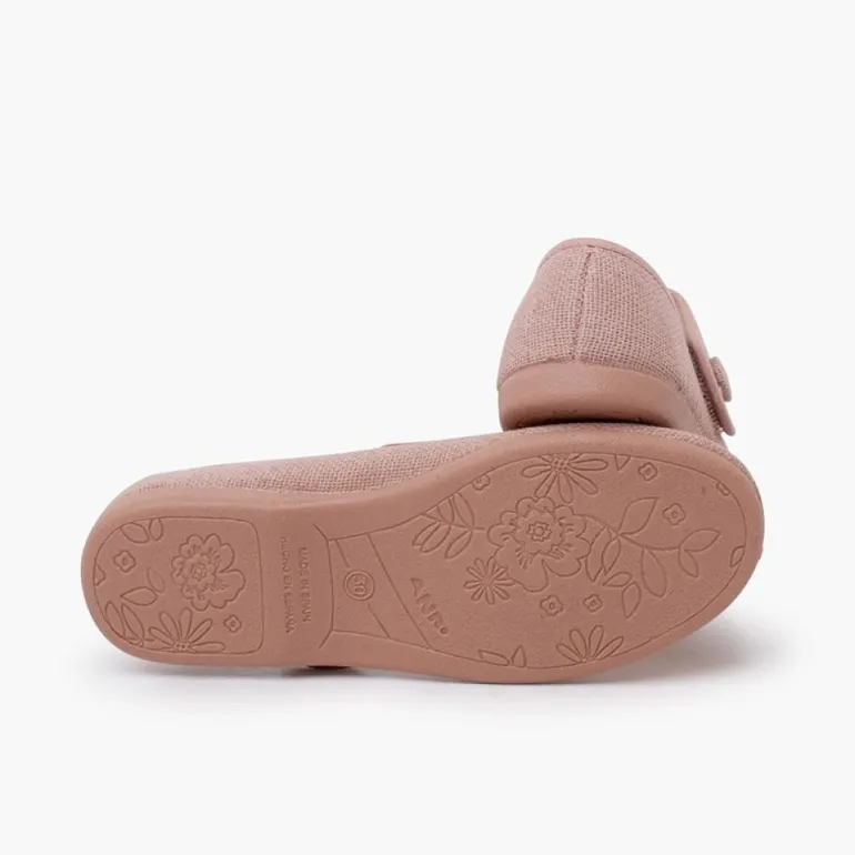 Menina Pisamonas Sapatos Merceditas Linho Tiras Aderentes Botao