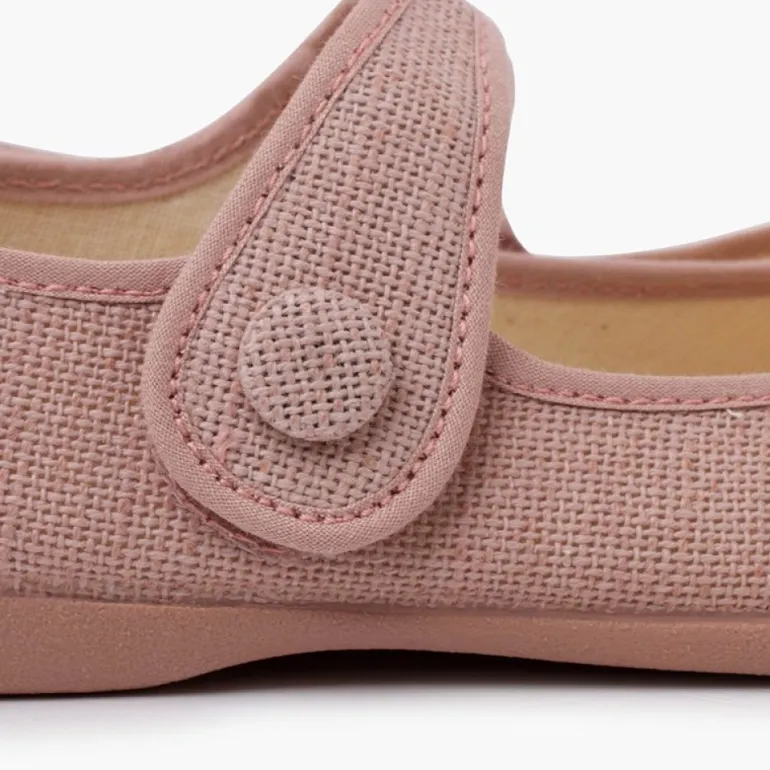 Menina Pisamonas Sapatos Merceditas Linho Tiras Aderentes Botao