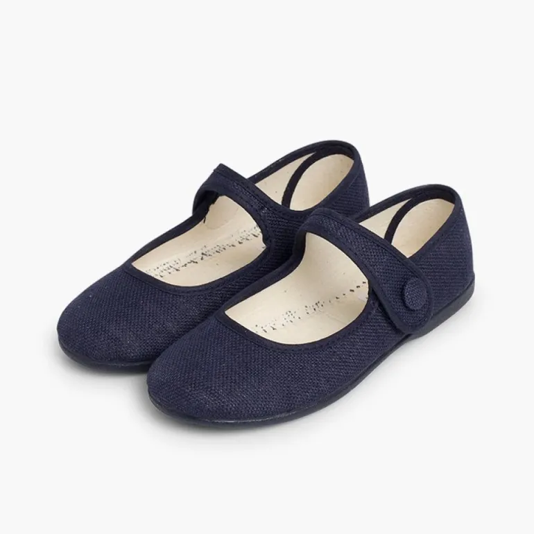 Menina Pisamonas Sapatos Merceditas Linho Tiras Aderentes Botao