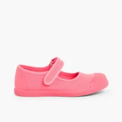 Menina Pisamonas Sapatos Merceditas Lona Tiras Aderentes Biqueira Borracha