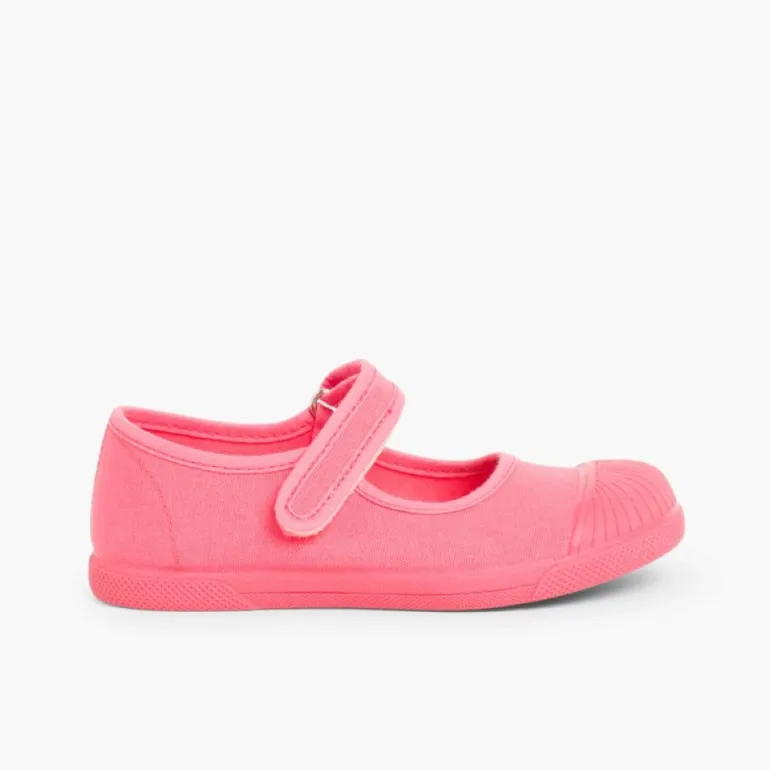 Menina Pisamonas Sapatos Merceditas Lona Tiras Aderentes Biqueira Borracha