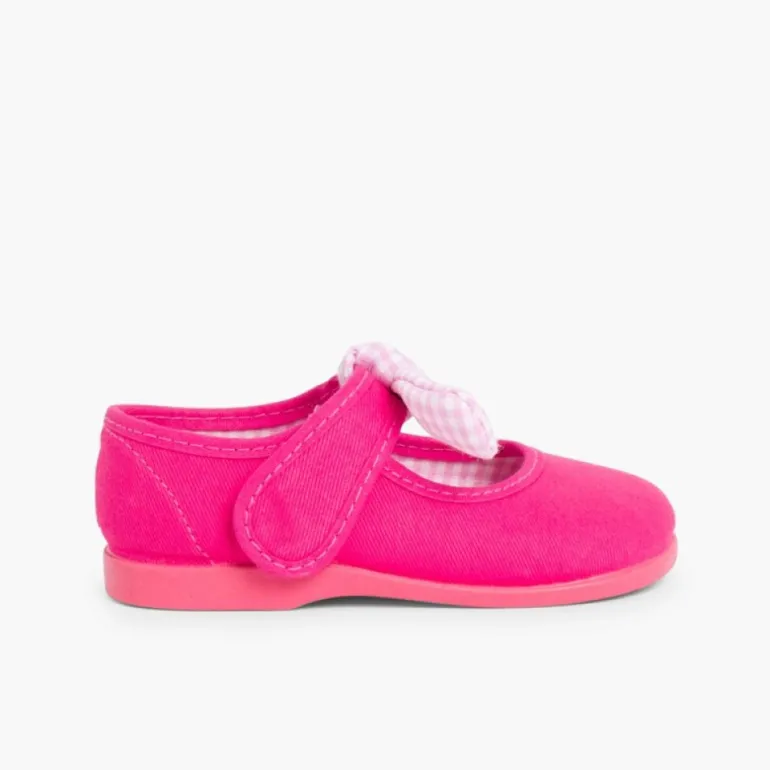 Menina Pisamonas Sapatos Merceditas Lona Tiras Aderentes Com Laco De Vichy
