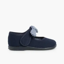 Menina Pisamonas Sapatos Merceditas Lona Tiras Aderentes Com Laco De Vichy