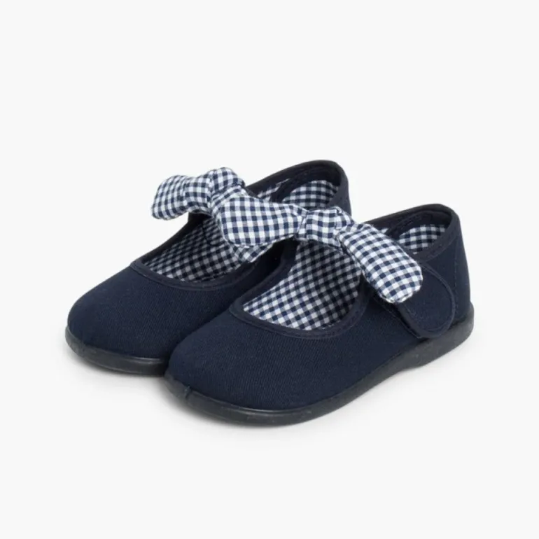 Menina Pisamonas Sapatos Merceditas Lona Tiras Aderentes Com Laco De Vichy