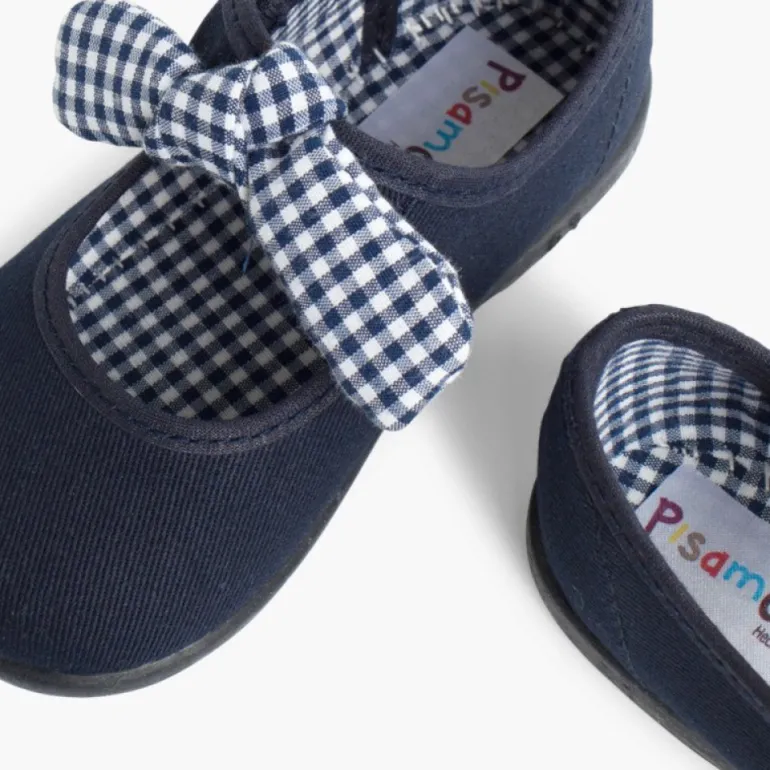 Menina Pisamonas Sapatos Merceditas Lona Tiras Aderentes Com Laco De Vichy