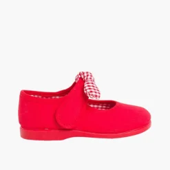Menina Pisamonas Sapatos Merceditas Lona Tiras Aderentes Com Laco De Vichy