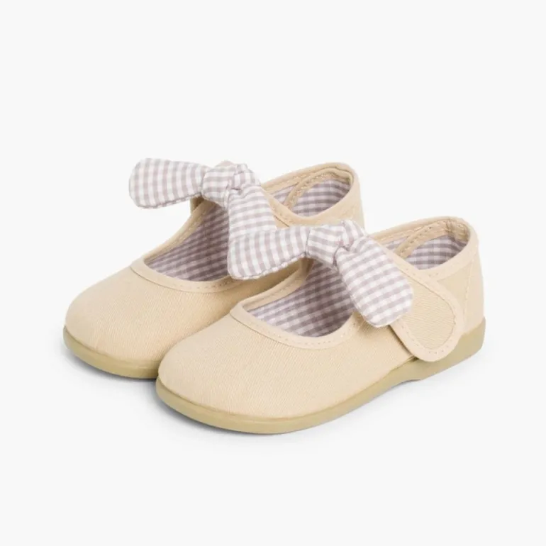 Menina Pisamonas Sapatos Merceditas Lona Tiras Aderentes Com Laco De Vichy