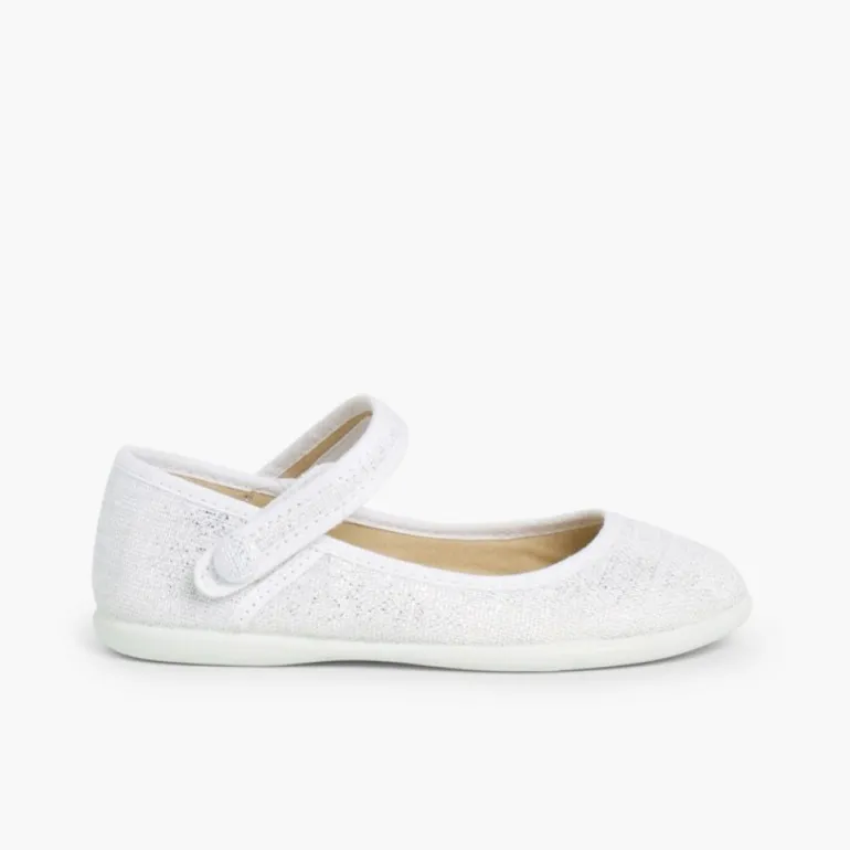 Menina Pisamonas Sapatos Merceditas Tiras Aderentes Em Linho Metalizado