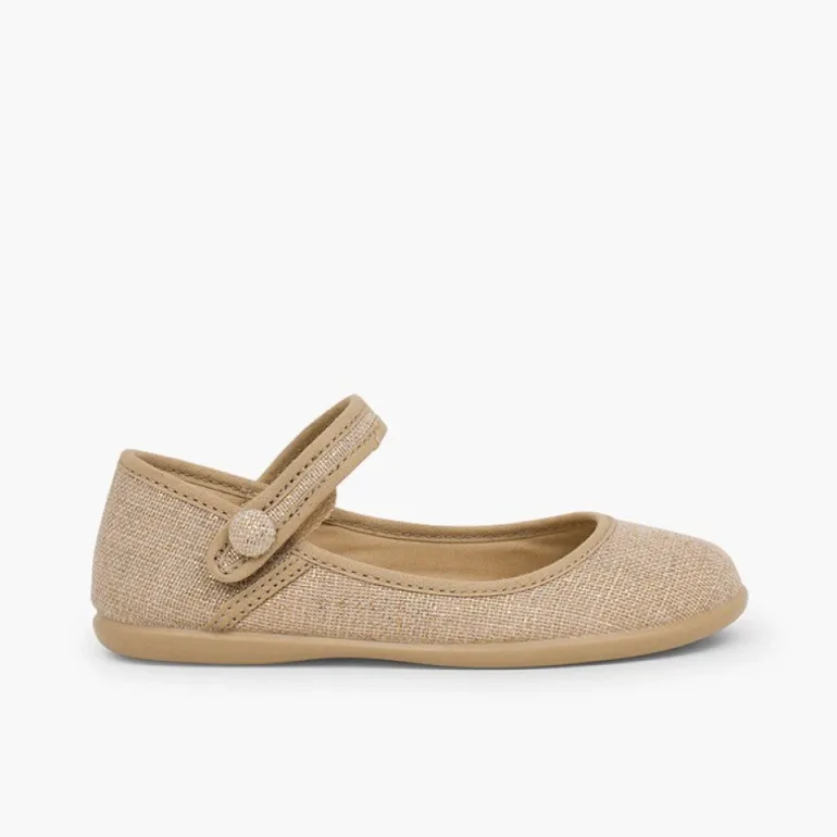 Menina Pisamonas Sapatos Merceditas Tiras Aderentes Em Linho Metalizado