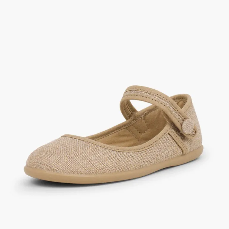 Menina Pisamonas Sapatos Merceditas Tiras Aderentes Em Linho Metalizado