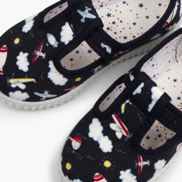 Menino Pisamonas Sapatos Pepito Lona Estampada Fecho Botao