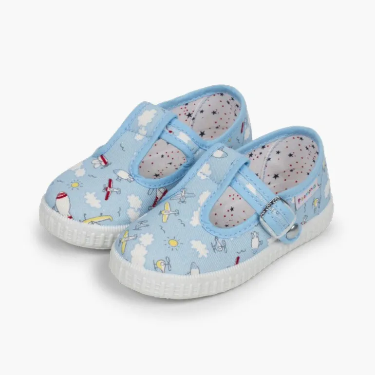 Menino Pisamonas Sapatos Pepito Lona Estampada Fecho Botao