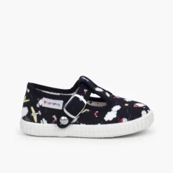 Menino Pisamonas Sapatos Pepito Lona Estampada Fecho Botao