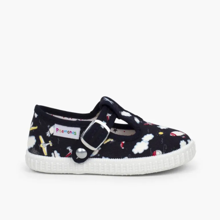 Menino Pisamonas Sapatos Pepito Lona Estampada Fecho Botao