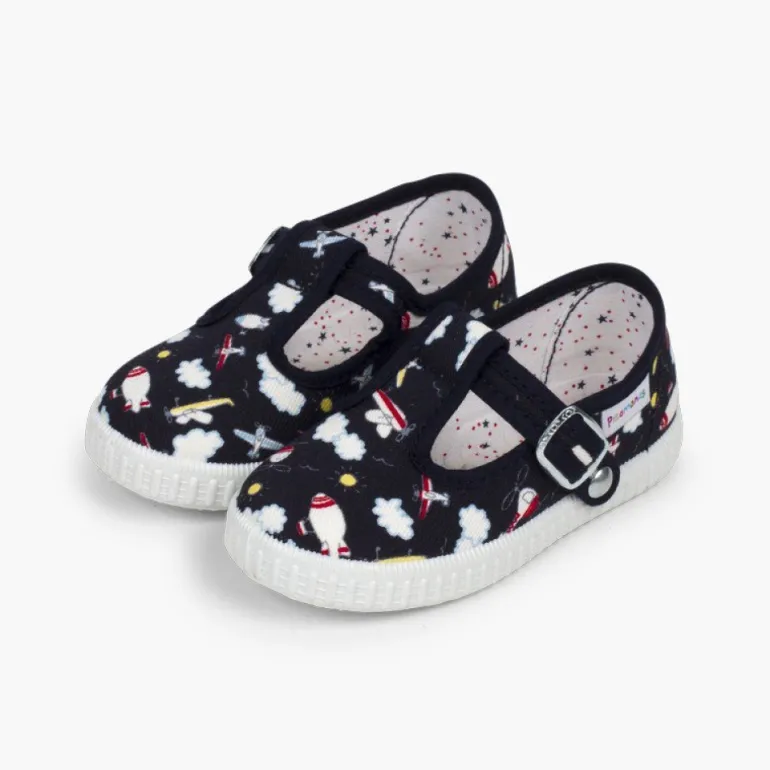 Menino Pisamonas Sapatos Pepito Lona Estampada Fecho Botao